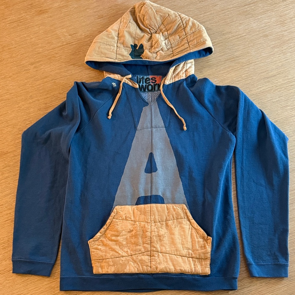 Free City “Life’s Work” Hoodie Navy/Tan Quilted Pullover Size Unisex M